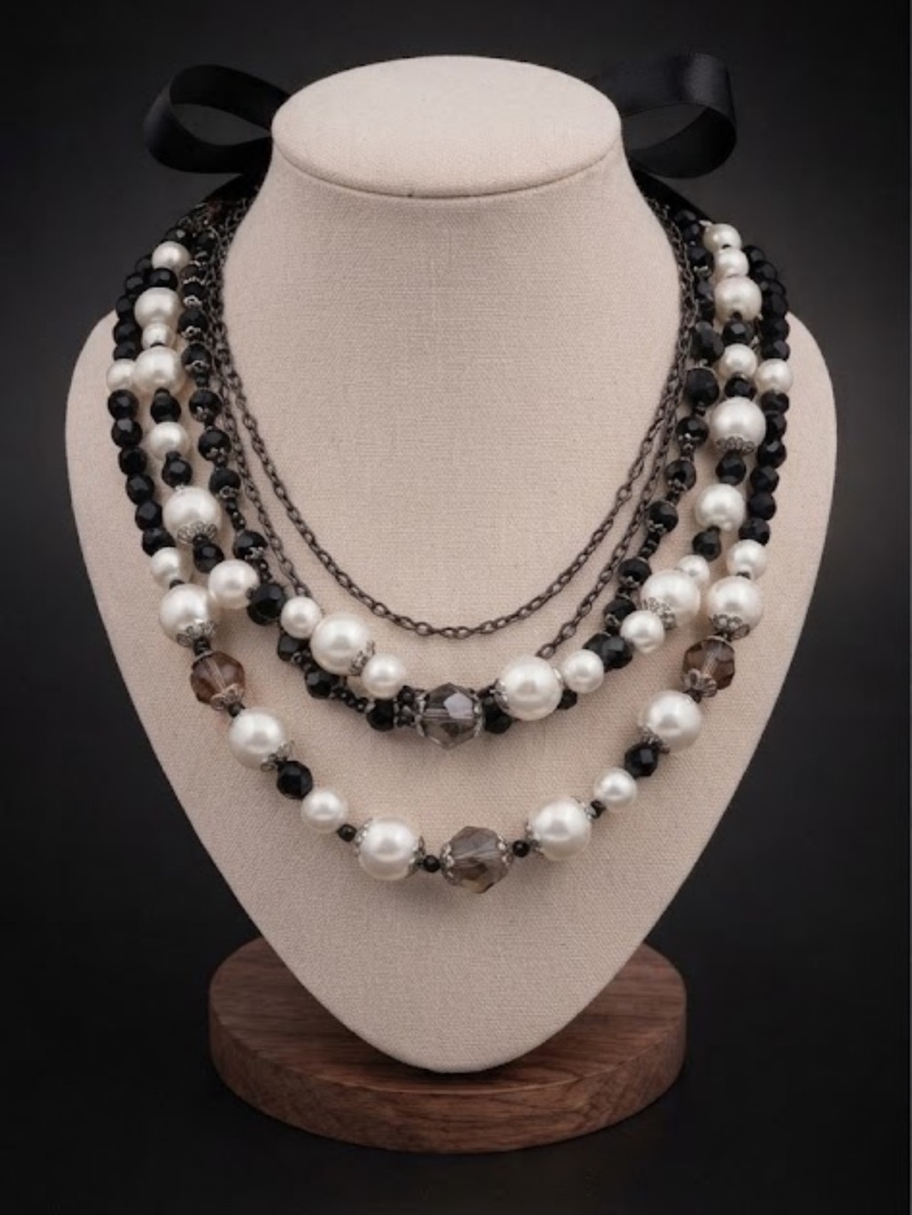Designer Inspired Glamorous Layered Pearl & Black Bead Statement Necklace